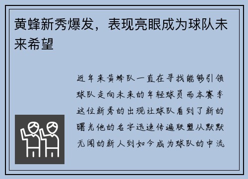 黄蜂新秀爆发，表现亮眼成为球队未来希望