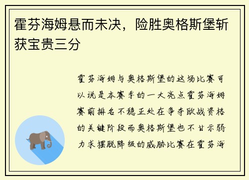 霍芬海姆悬而未决，险胜奥格斯堡斩获宝贵三分