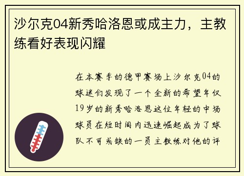 沙尔克04新秀哈洛恩或成主力，主教练看好表现闪耀