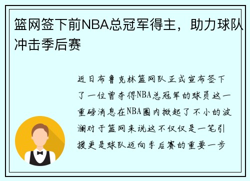 篮网签下前NBA总冠军得主，助力球队冲击季后赛