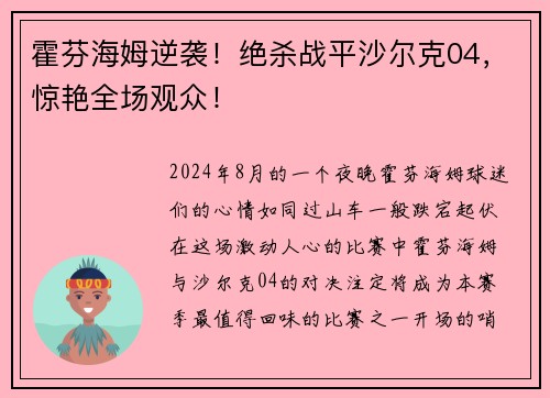 霍芬海姆逆袭！绝杀战平沙尔克04，惊艳全场观众！