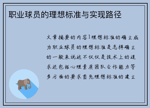 职业球员的理想标准与实现路径