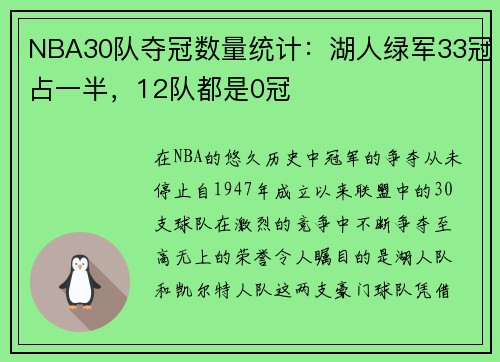 NBA30队夺冠数量统计：湖人绿军33冠占一半，12队都是0冠